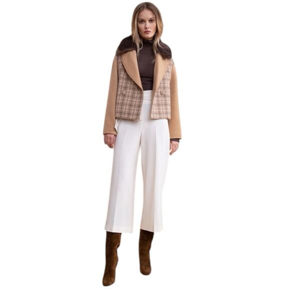 Rachel Parcell Double Breasted Jacket Faux Sherpa Fur Collar Plaid - Picture 3 of 10